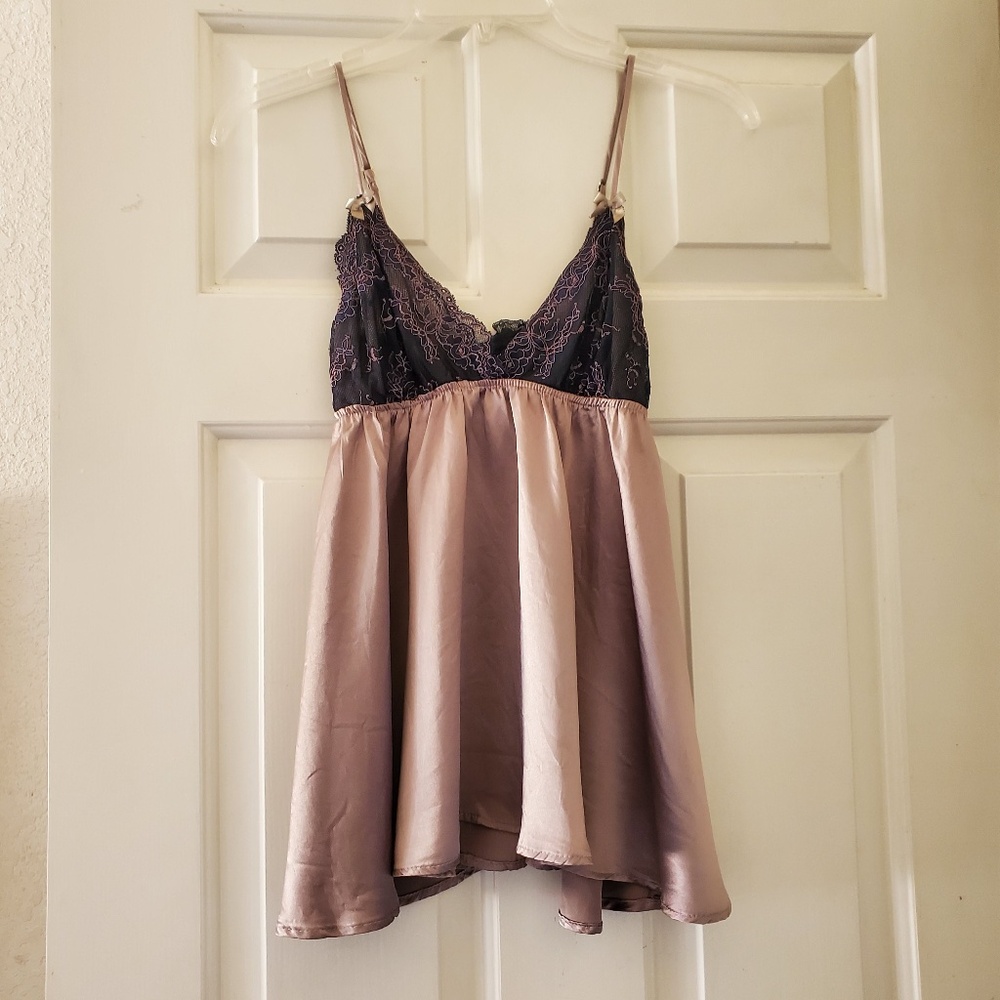 Wendy Glez Black Label Mauve Blue Satin Lace Boxer Short & Baby Doll Top SMALL